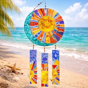 Stunning Sun Moon Glass‎ Wind Chimes Sun Catcher Stained Glass Hanging Decor